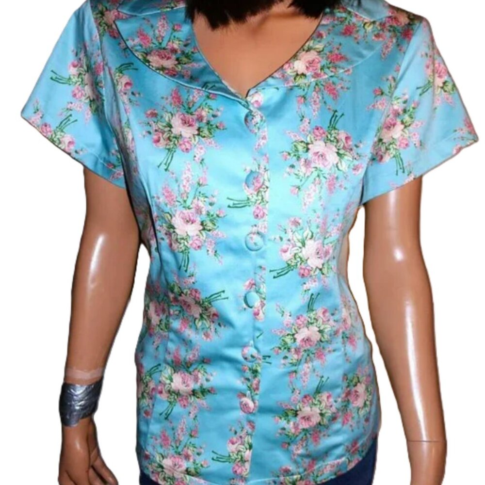 Voodoo Vixen Baby Blue Floral Blouse XL NWT